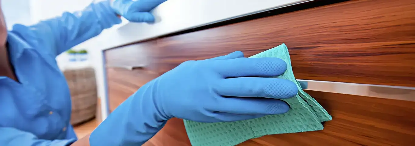 Cleaner wearing blue gloves wiping a wooden cabinet drawer with a microfiber cloth for dust and grime removal, Charleston, SC.