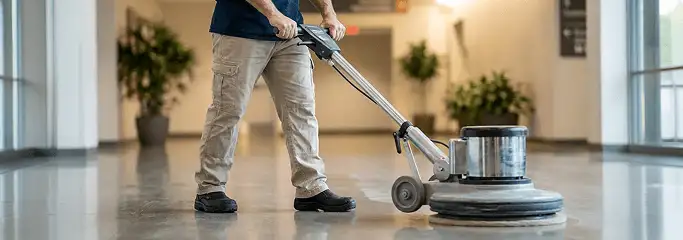 Professional technician using an industrial floor buffer to polish and maintain shiny commercial flooring in a corporate hallway in Charleston, SC.