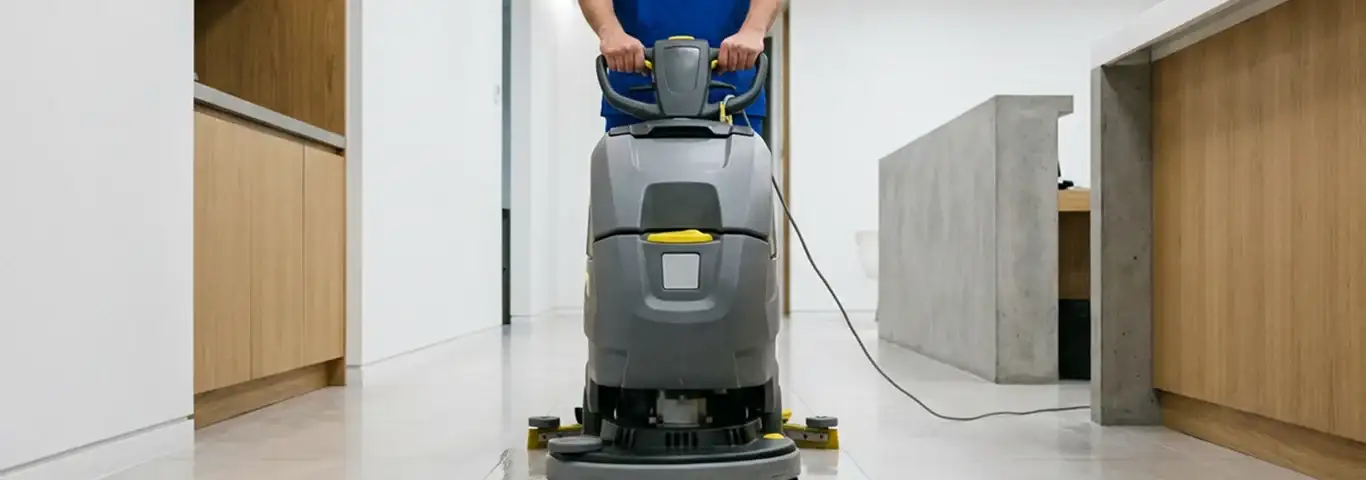 Janitorial staff using a floor scrubber machine to clean a commercial hallway, Charleston, SC.