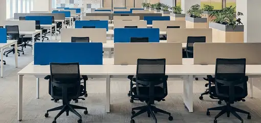 Modern open-plan office space featuring clean workstations, ergonomic chairs, and sanitized carpets provided by professional office cleaning services in Charleston, SC.