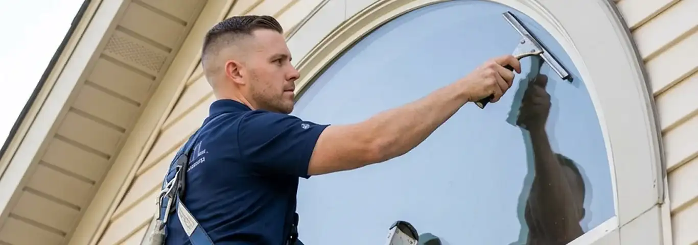 Professional window cleaner using a squeegee to clean an exterior arched window on a home, Charleston, SC.