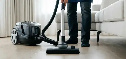 Professional house cleaner vacuuming a living room floor with a canister vacuum cleaner, Charleston, SC.