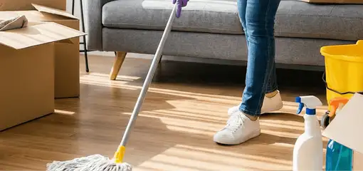 Move-out cleaning setup with a cleaner mopping hardwood floors near moving boxes and cleaning supplies, Charleston, SC.