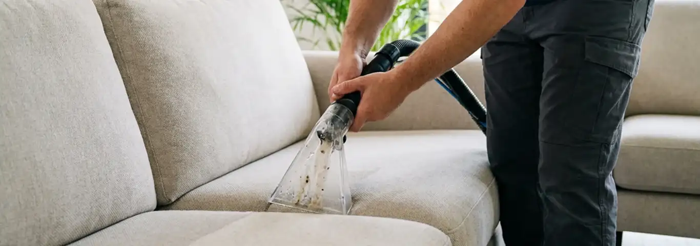 Technician extracting dirt and moisture from a fabric sofa with an upholstery cleaning wand, Charleston, SC.