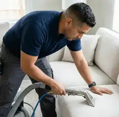 Professional upholstery cleaning technician using an extraction wand to deep-clean a fabric sofa, Charleston, SC.