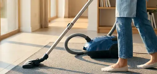 Person vacuuming a living room rug with a canister vacuum cleaner near large windows, Charleston, SC.